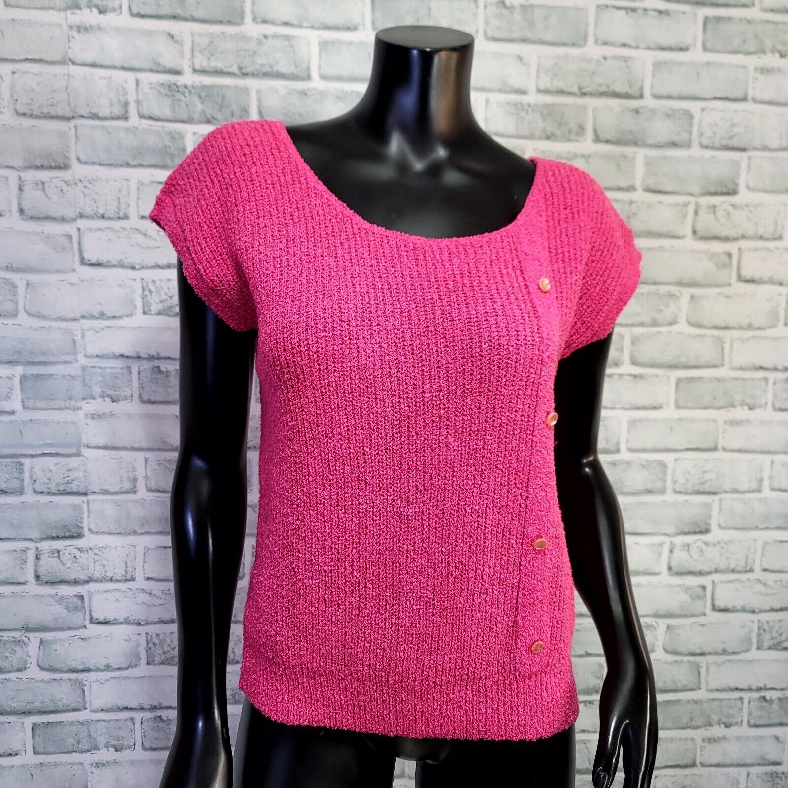 Vintage 80s Excitation Womens M Pink Open Knit Cap Sleeve Tapered Top